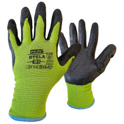 Work gloves with latex coated in green with black in size...