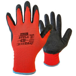 Work gloves with latex coated in red with black in size...