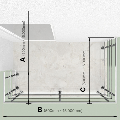Freistehender Treppenhandlauf über 2 Ecken aus Edelstahl mit grauen Pfosten und 6 Füllstreben