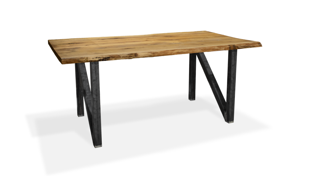 Ein moderner Tisch bestehend aus zwei in Handarbeit angefertigten Tischkufen in N-Form mit einer Tischplatte aus Holz